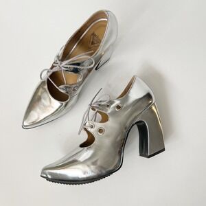 John Fluevog Fast Cars Monza Platform Heels Laces Size 11 Silver Chrome Shoes